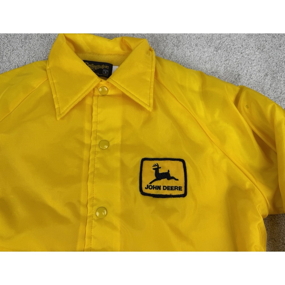 John Deere Swingster Jacket Hidden Hood Sewn Patch ~ Yellow ~ Adult S ~ USA Vtg